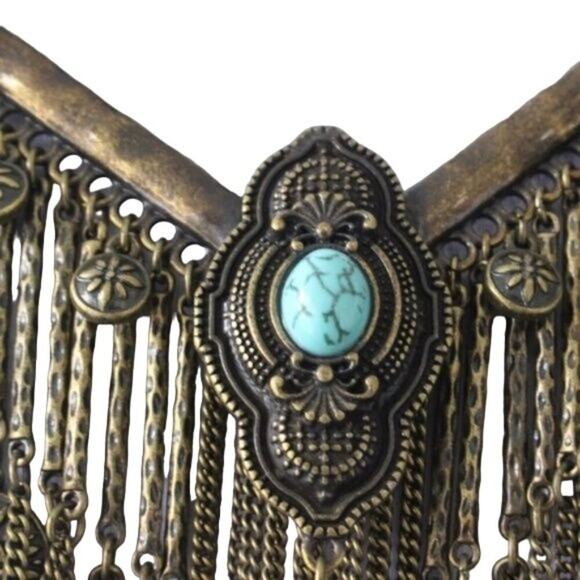 Boho Statement Necklace Antique Brass Finish Turquoise look stone inset New with - Picture 7 of 8
